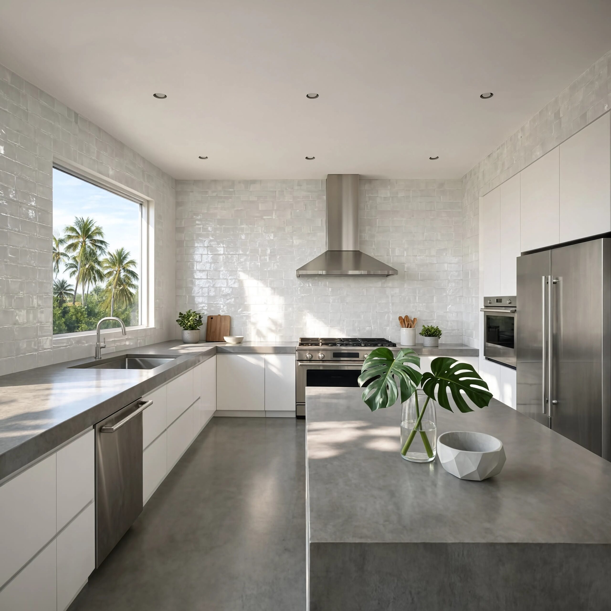 Modern Miami kitchen featuring an extra white glossy Zellige tile backsplash.