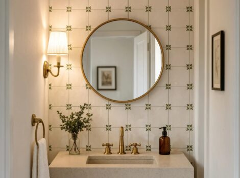Handmade garden glazed ceramic wall tiles in a Manhattan powder room.