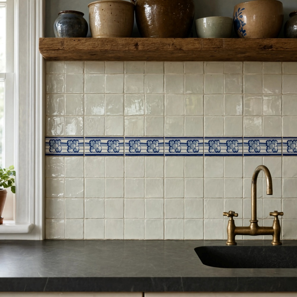 Handcrafted white square ceramic backsplash tile with blue patterned border accent in a Fairfax kitchen design.