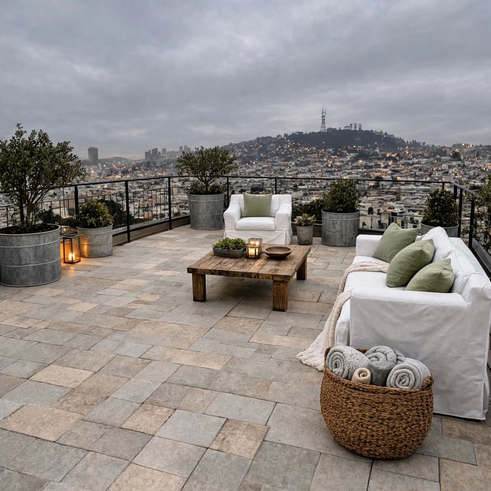 Gray tumbled travertine paver outdoor patio flooring in San Francisco.