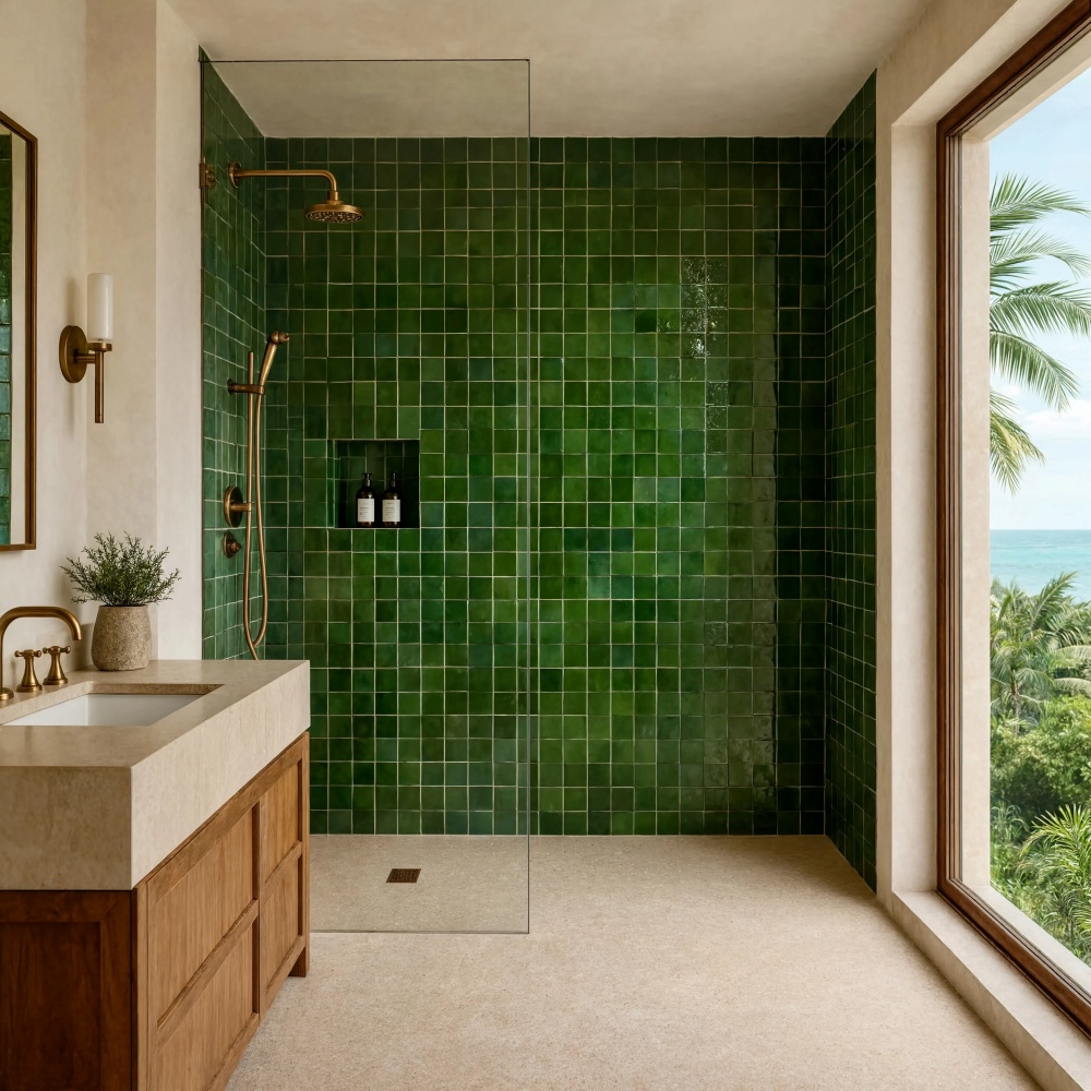 Green glossy zellige ceramic tiles on a shower feature wall in a coastal Puerto Rico home.