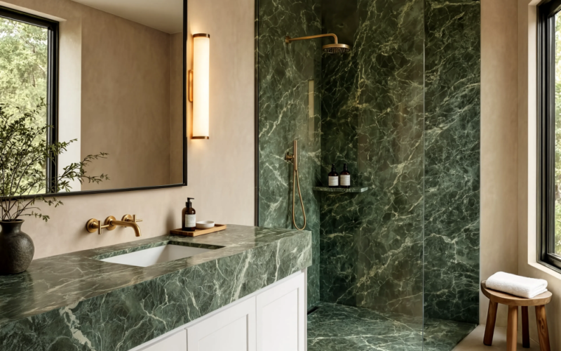 Green honed marble tile walk in shower and vanity countertop in a modern Los Angeles bathroom.