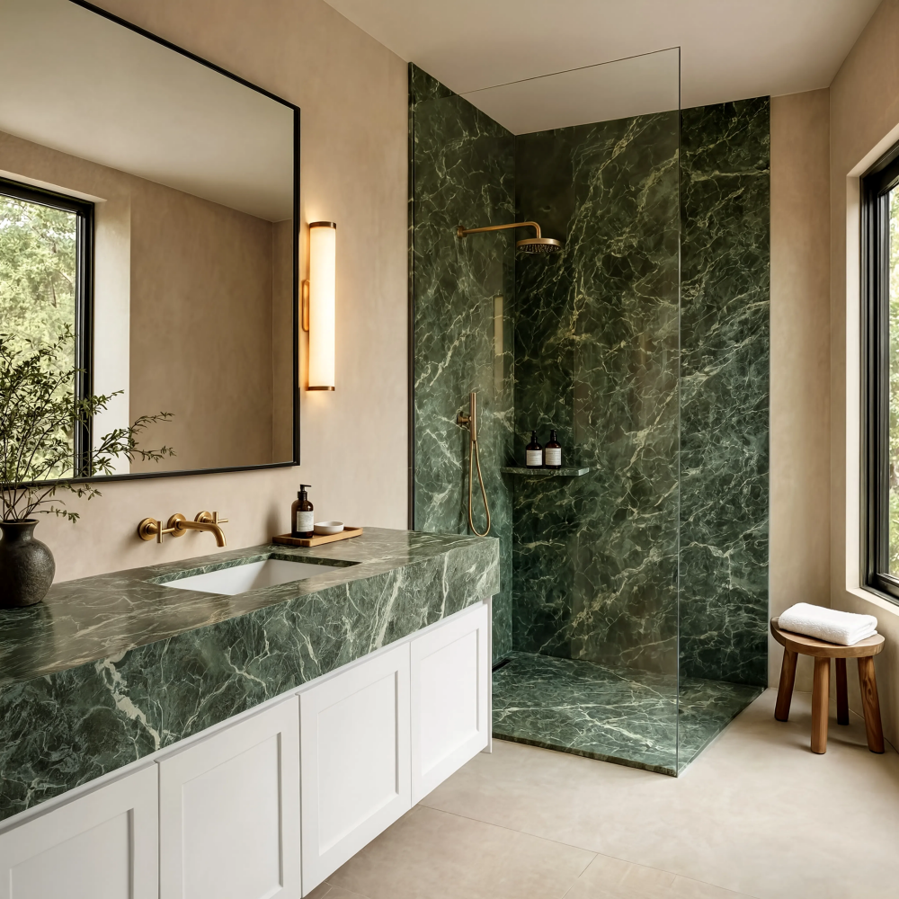 Green honed marble tile walk in shower and vanity countertop in a modern Los Angeles bathroom.