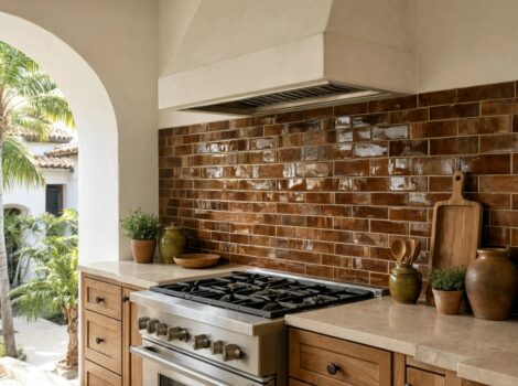 Rich brown glossy zellige tile backsplash behind range hood in tropical Puerto Rico villa kitchen.