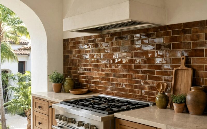 Rich brown glossy zellige tile backsplash behind range hood in tropical Puerto Rico villa kitchen.