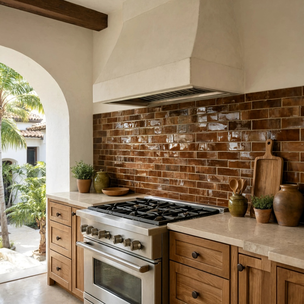 Rich brown glossy zellige tile backsplash behind range hood in tropical Puerto Rico villa kitchen.