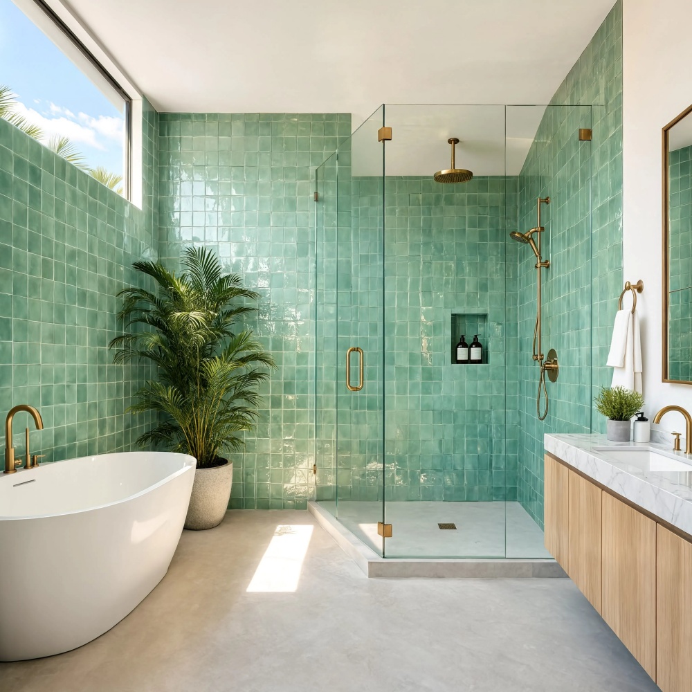 Luxury Miami bathroom featuring light green gloss Zellige tile walls.