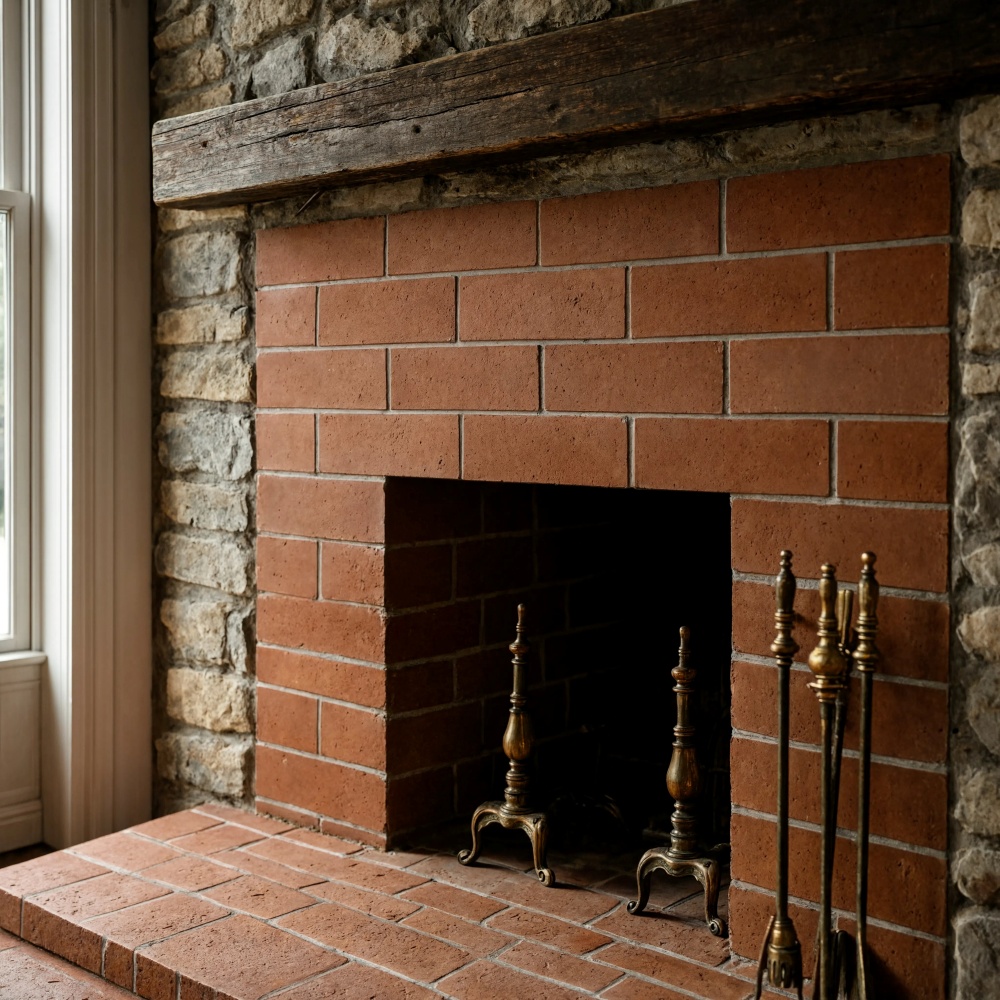 Rustic fireplace featuring handmade terracotta tiles and natural stone in a Fairfax interior design.