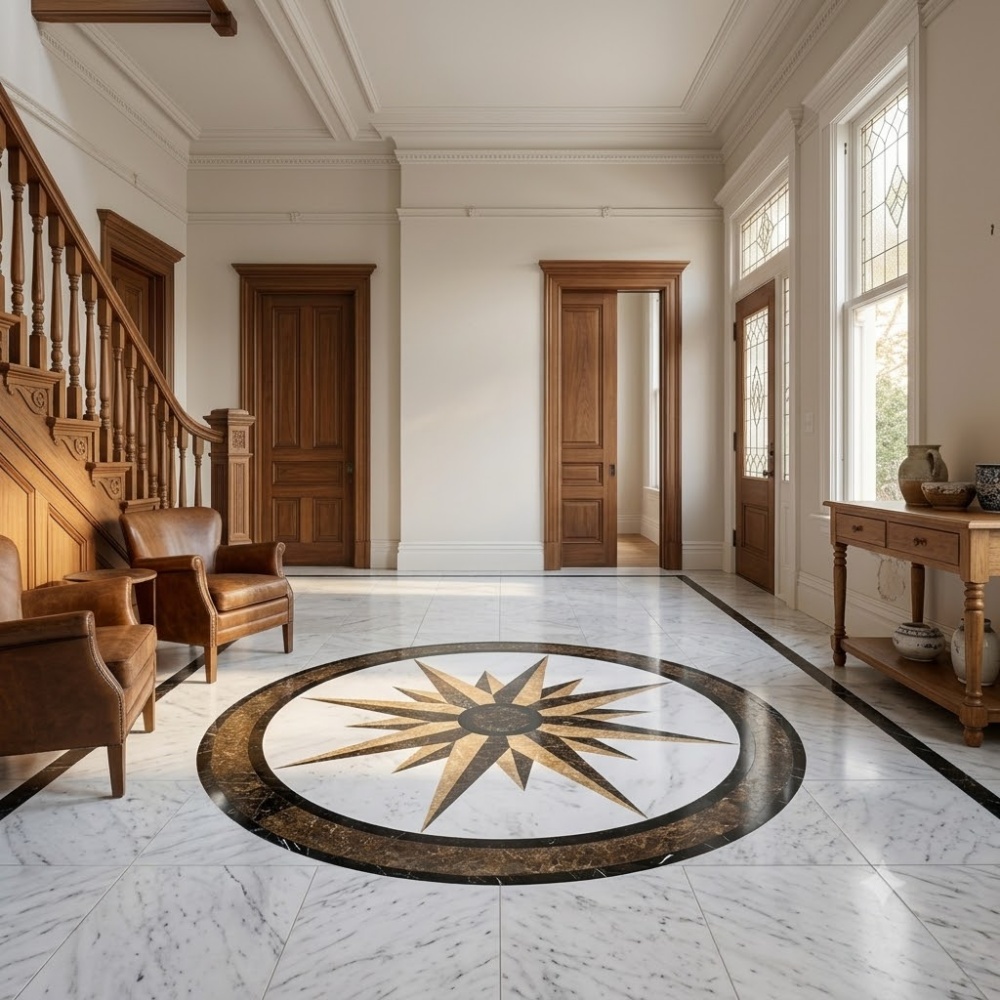 Round multi-finish marble medallion inlaid in white marble floor tile in a historic San Francisco entryway.