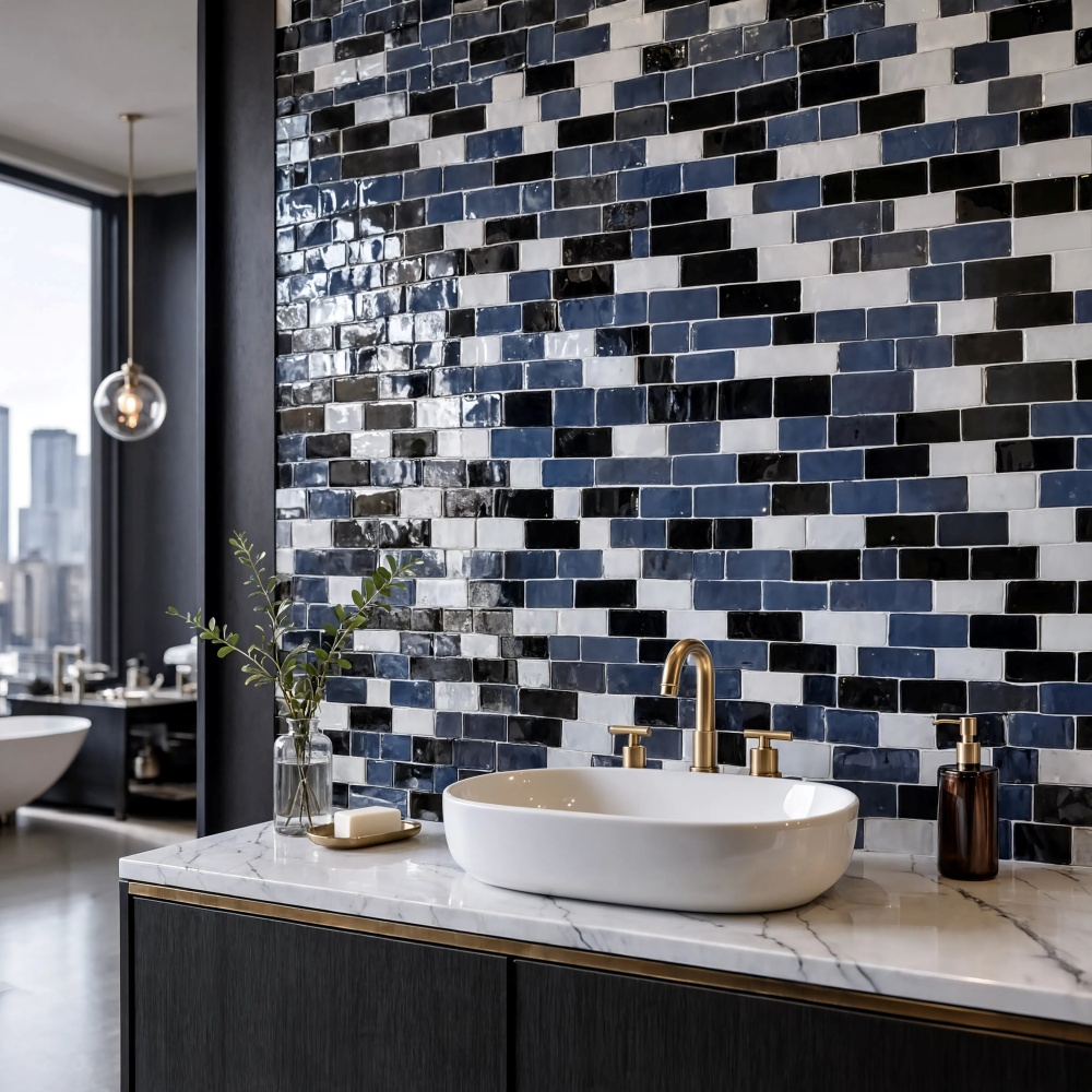Handmade multi color glossy Zellige mosaic tile accent wall behind a modern bathroom vanity.