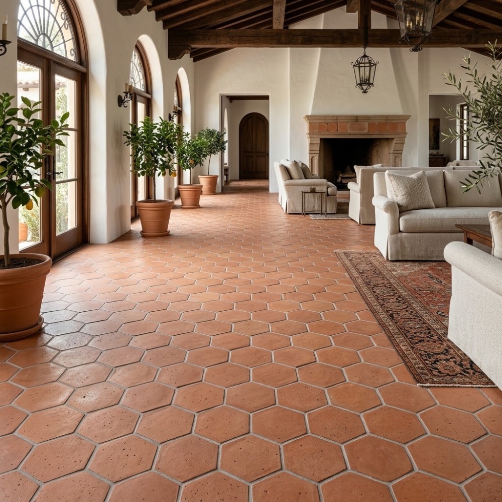 Mediterranean style Miami home featuring natural hexagon terracotta tile flooring.