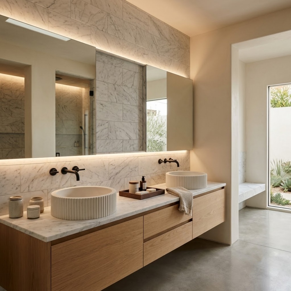 White Carrara honed marble tile wall in a modern Los Angeles bathroom vanity.