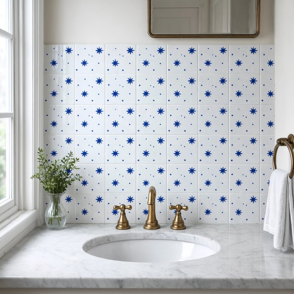 Handcrafted white and blue star pattern ceramic wall tile installed in a Fairfax bathroom design.