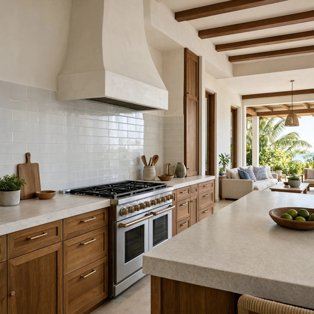 White glossy subway ceramic tile kitchen backsplash in an open concept tropical Puerto Rico home.