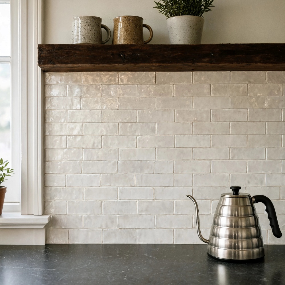 Modern kitchen backsplash featuring handcrafted white glossy Zellige mosaic tile in a Fairfax interior design.