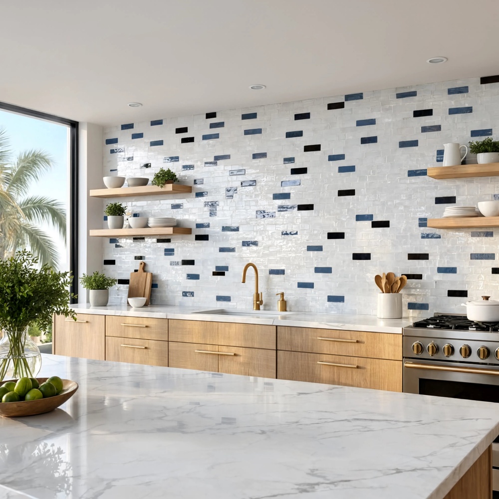 Modern Miami kitchen featuring a white, gray, and black glossy Zellige mosaic tile backsplash.