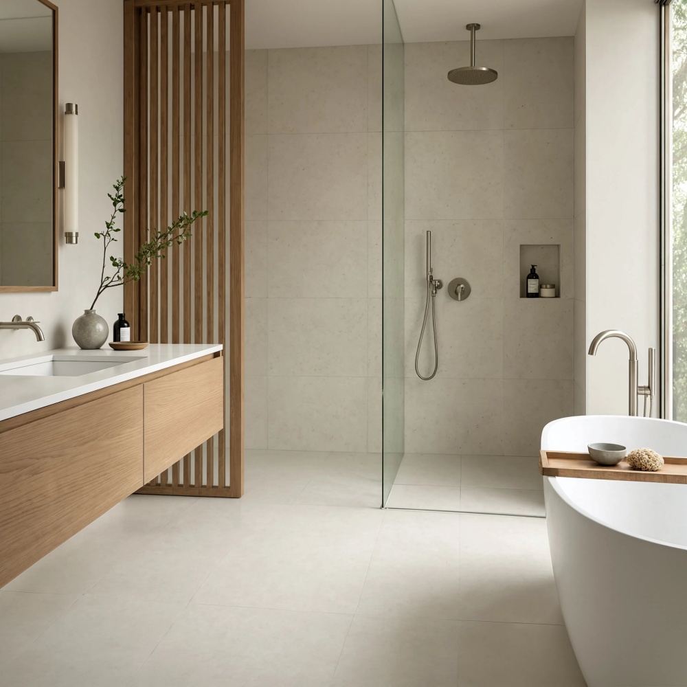 White honed limestone tile wall and floor installation in a modern San Francisco bathroom.