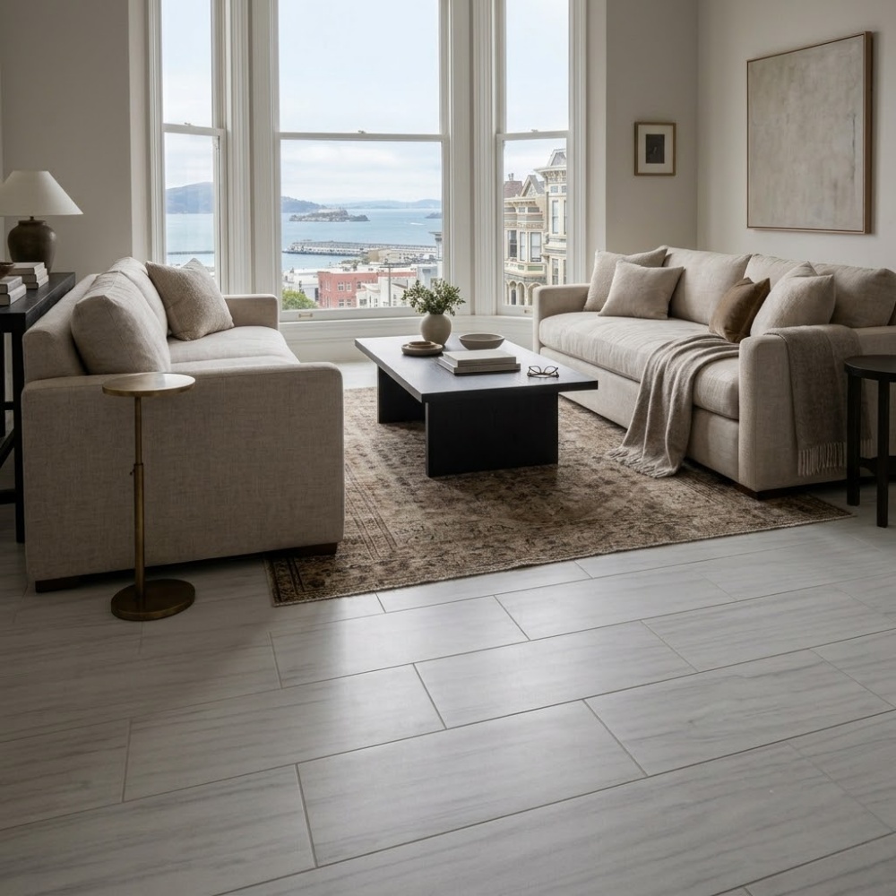 White honed marble tile flooring in a modern San Francisco living room.
