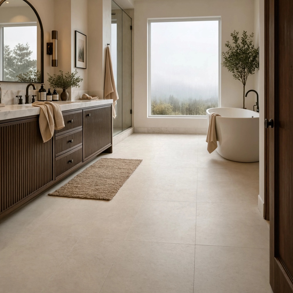 Modern San Francisco bathroom featuring white honed limestone floor tile.