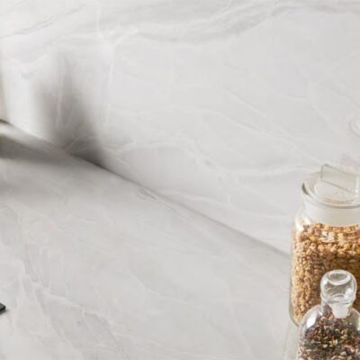 Kitchen countertop and backsplash featuring porcelain slab