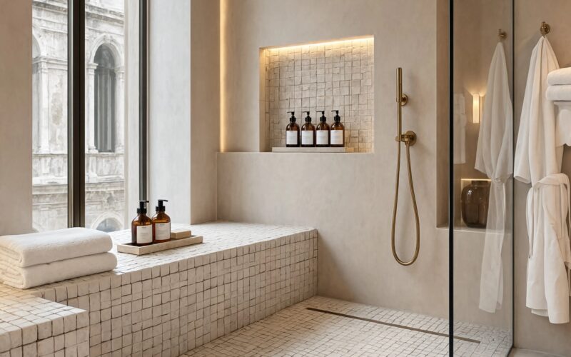 beige marble geometric mosaic tile for commercial space shower usages