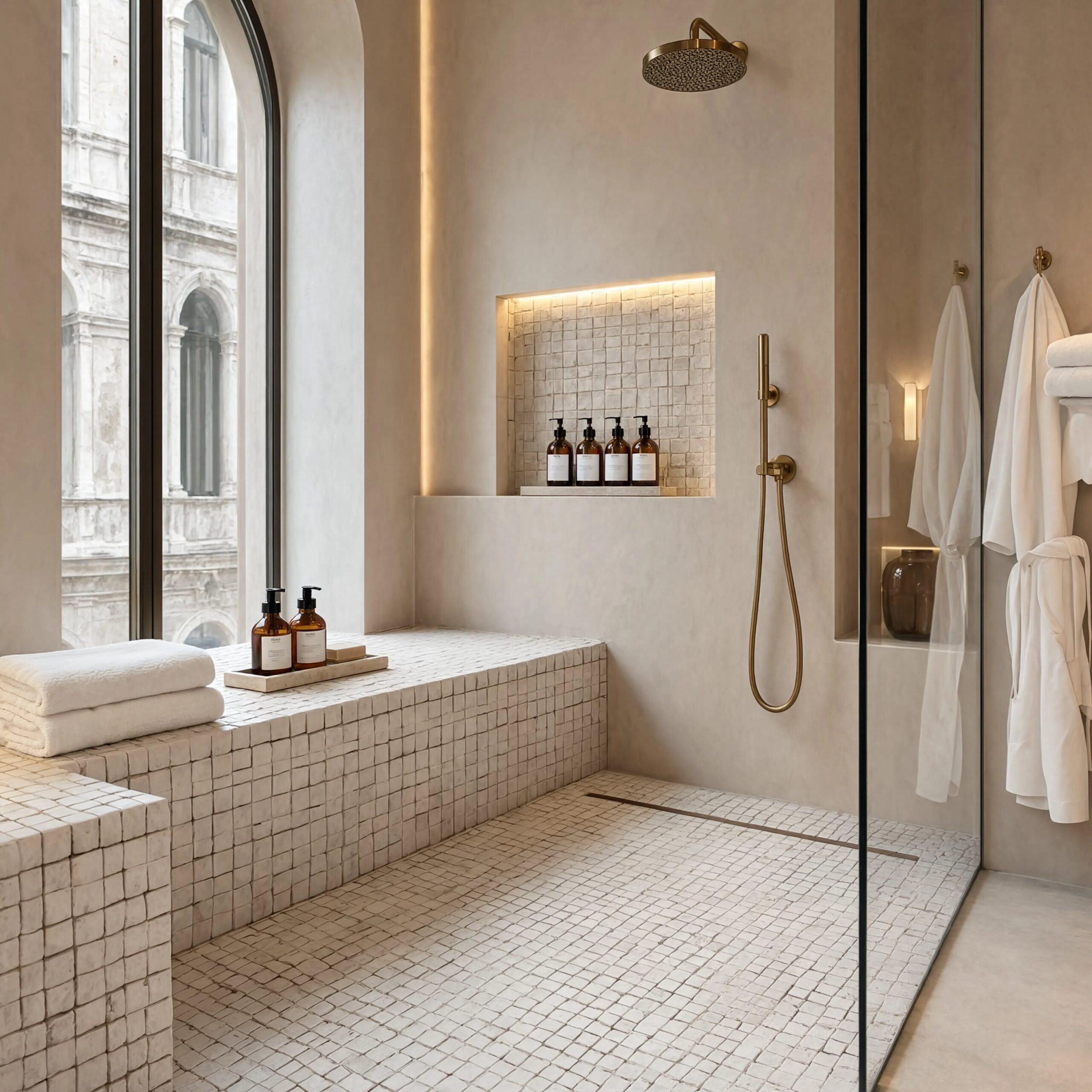 beige marble geometric mosaic tile for commercial space shower usages