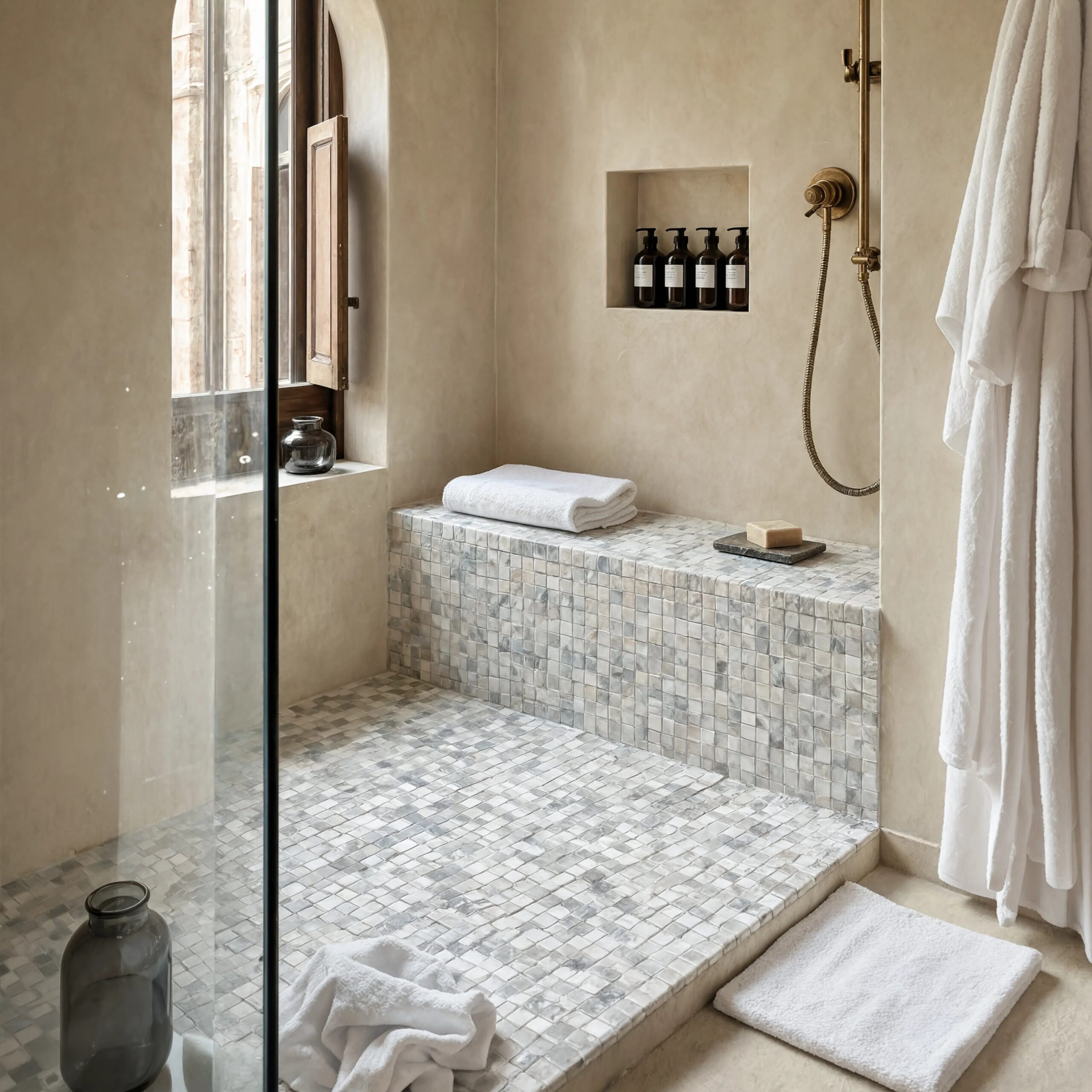Upscale hospitality shower incorporating a Calacatta Green geometric mosaic across the shower floor and seating platform. Honed natural stone tiles introduce organic variation, while Venetian-inspired architecture, brass fixtures, and curated spa accessories create a memorable boutique hotel bathroom experience.