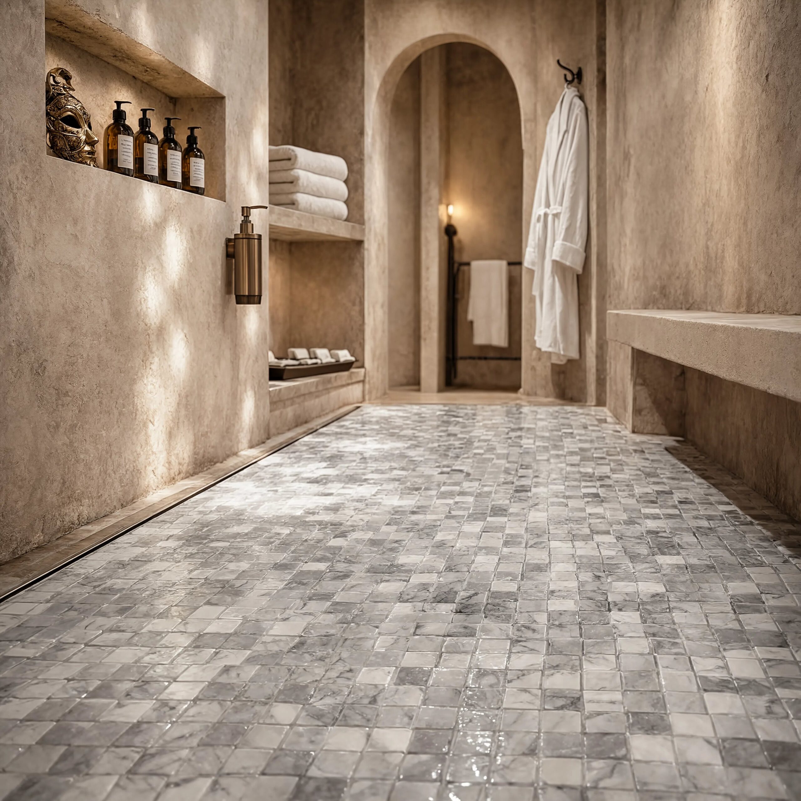 Boutique hospitality shower showcasing a rich lilac-toned geometric mosaic applied across the floor, feature wall, and integrated seating. The honed natural stone surface complements Venetian-inspired plaster walls, warm lighting, and luxury spa details within a contemporary commercial bathroom.