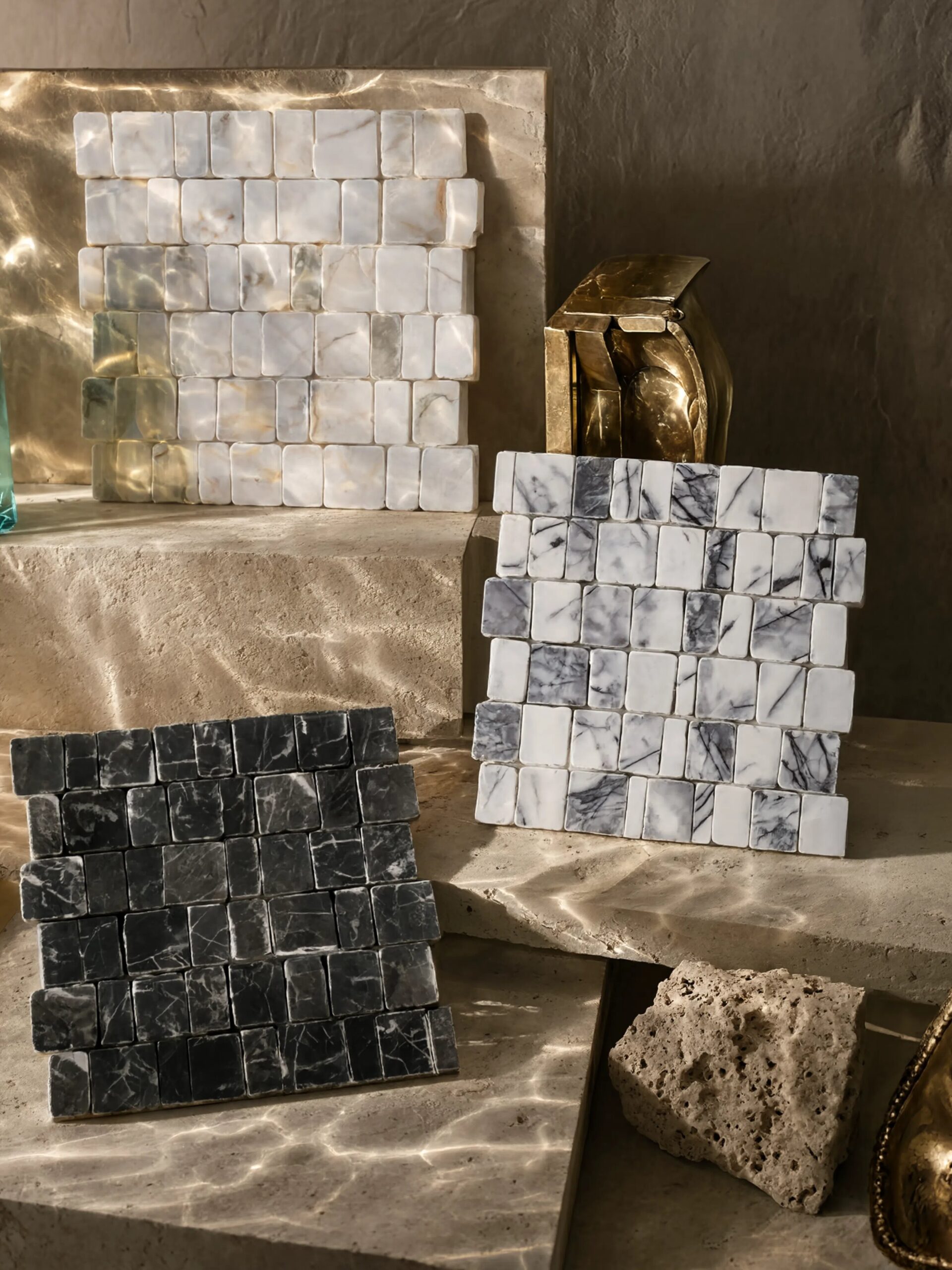 Scarpa Mosaics collection in warm golden light, featuring cream, white, and black hand-clipped marble mosaic sheets arranged on stone steps beside a brass sculptural accent.