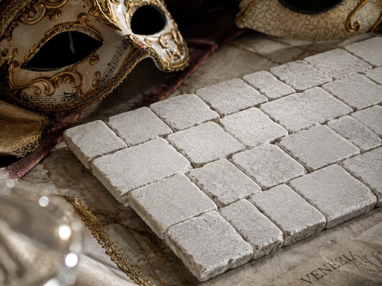 Scarpa Mosaics stone sample displayed beside ornate gold Venetian masquerade masks on velvet fabric, reflecting the Venice origins of the hand-clipped marble mosaic pattern.
