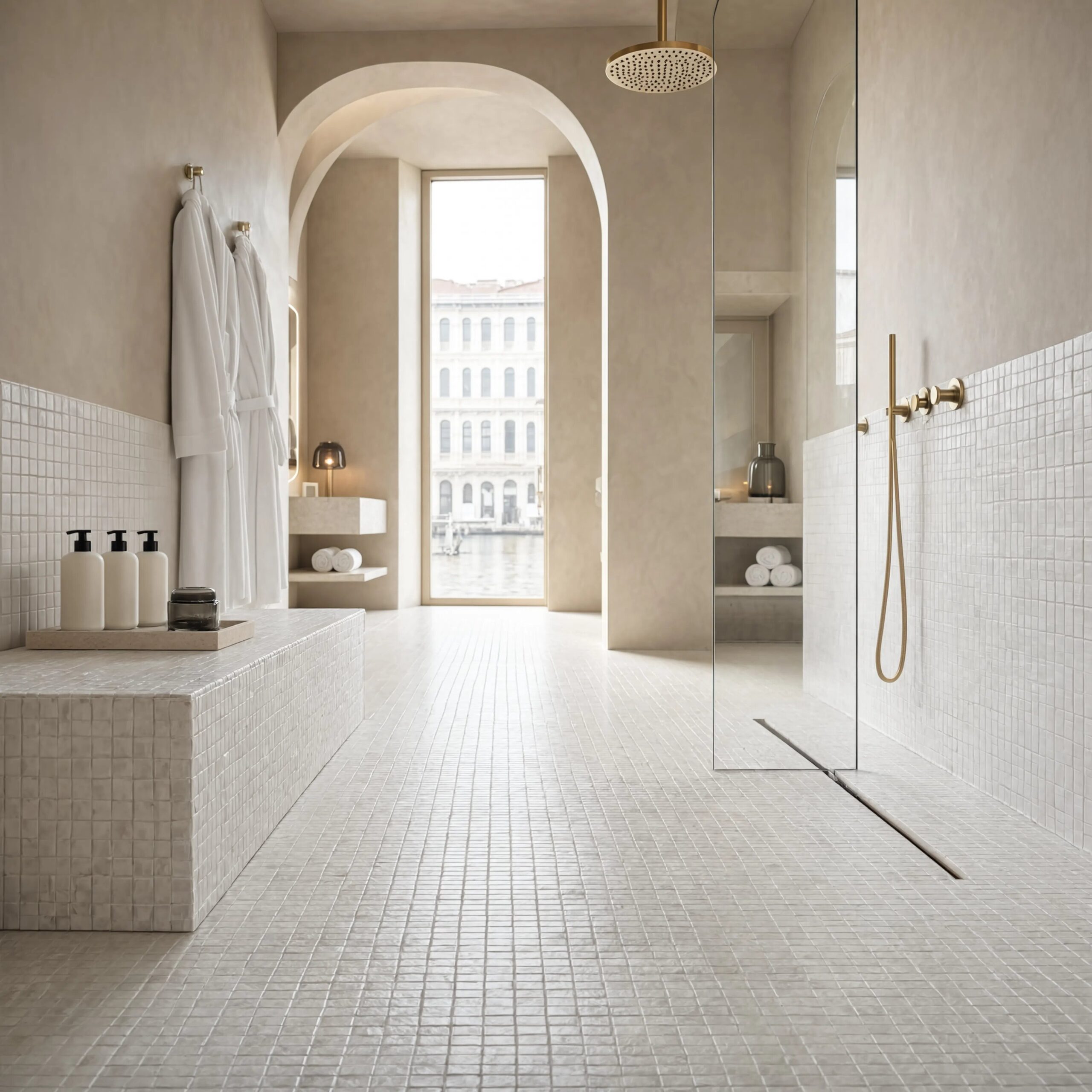 Luxury hospitality shower featuring a white geometric mosaic floor and built-in bench beneath soaring Venetian-inspired arches. Matte honed natural stone mosaic tiles create a seamless transition between the wet area and surrounding spa space, while floor-to-ceiling windows overlooking a canal reinforce the boutique hotel aesthetic.