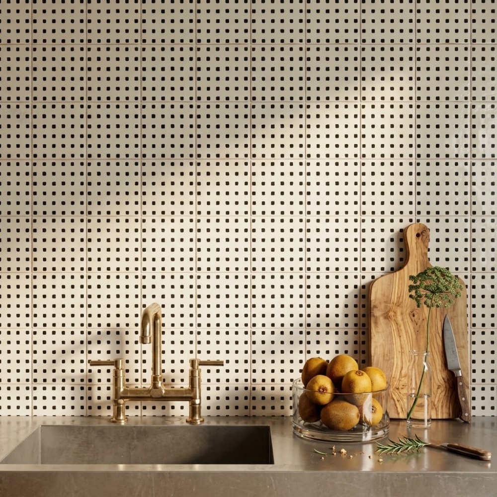 Kitchen backsplash featuring the SF handpainted tile trend Bavi square glazed terracotta tile.