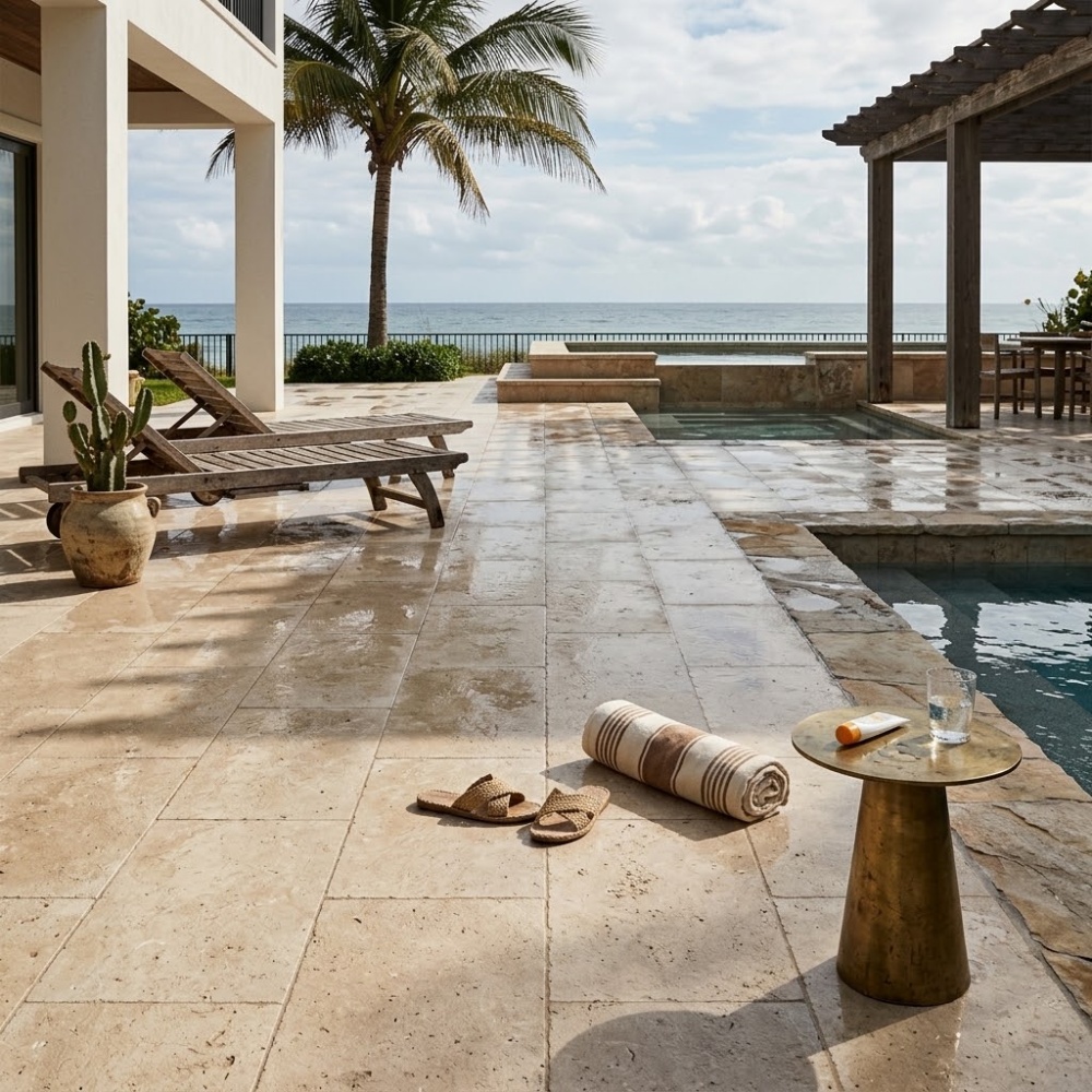 Beige brushed limestone tiles on a pool deck and patio in Pompano Beach.
