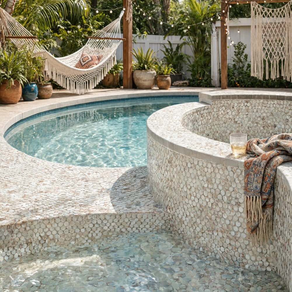 Beige matte glass mosaic tile installed on a custom spa wall and pool deck in Pompano Beach.