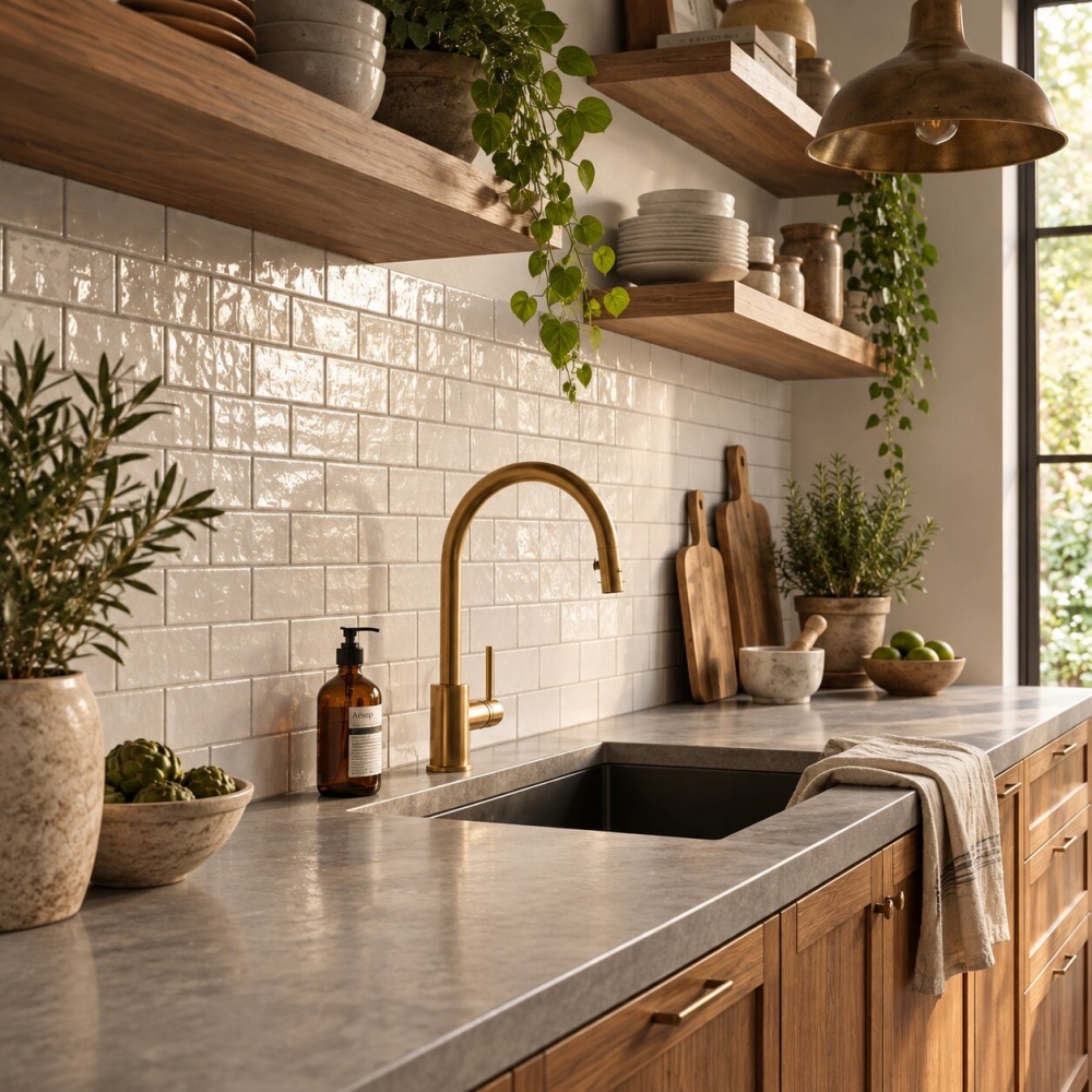 Brownstone kitchen featuring glossy beige terracotta subway tile backsplash.