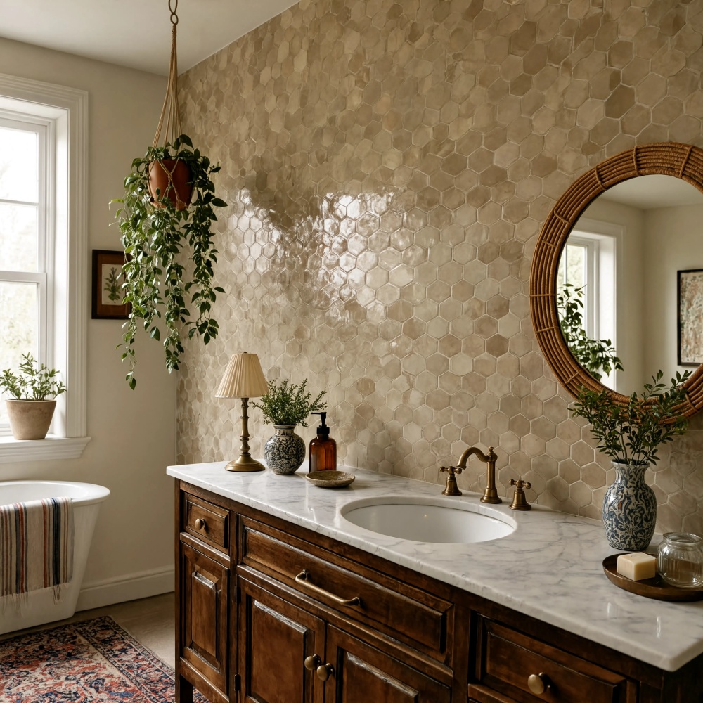 Multi tone glossy hexagon zellige mosaic tile wall in Los Angeles bathroom.