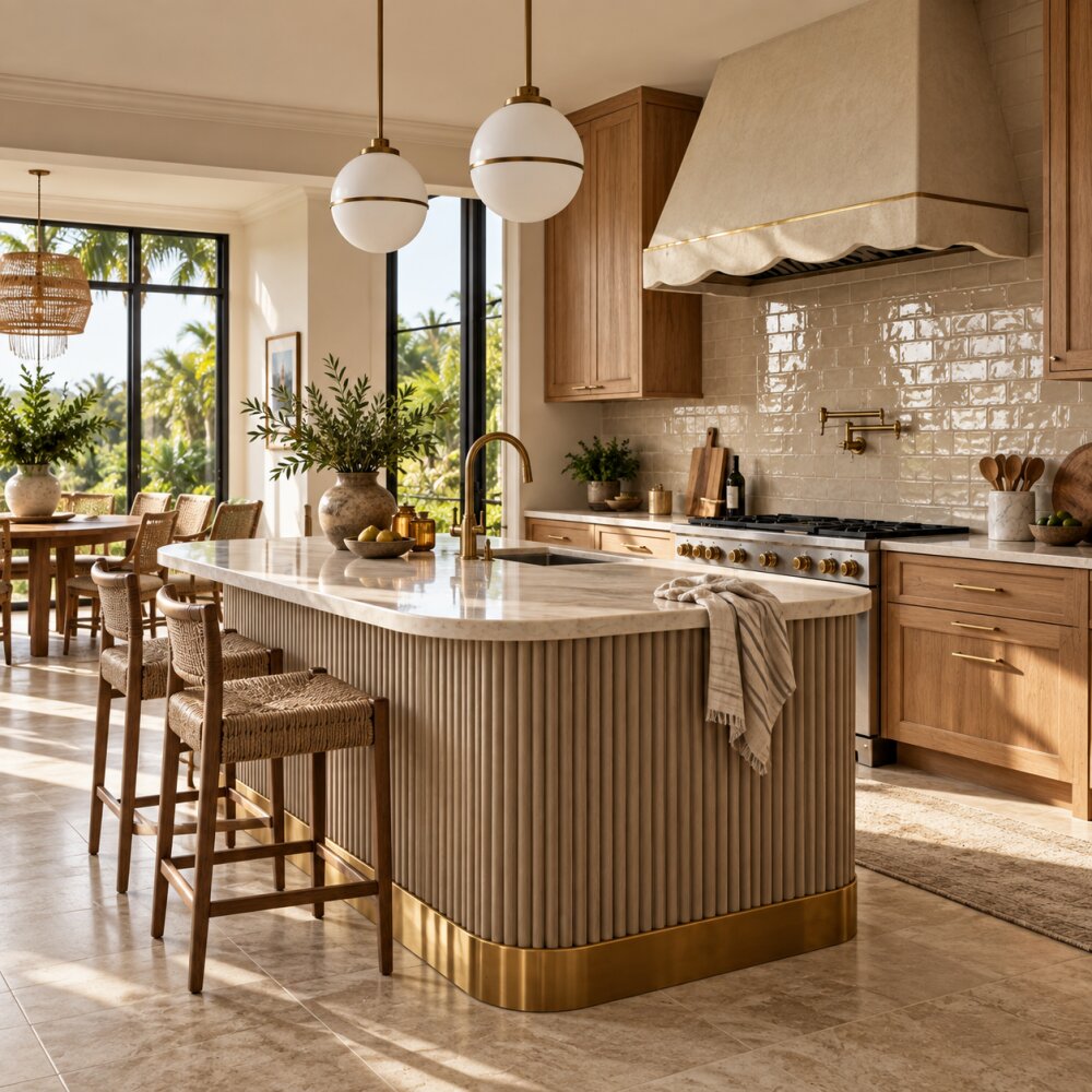 Miami condo kitchen with handmade zellige backsplash tile.