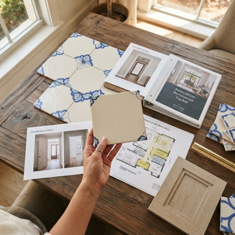 Tile consultation at Country Floors Miami showroom with samples and condo floor plan.