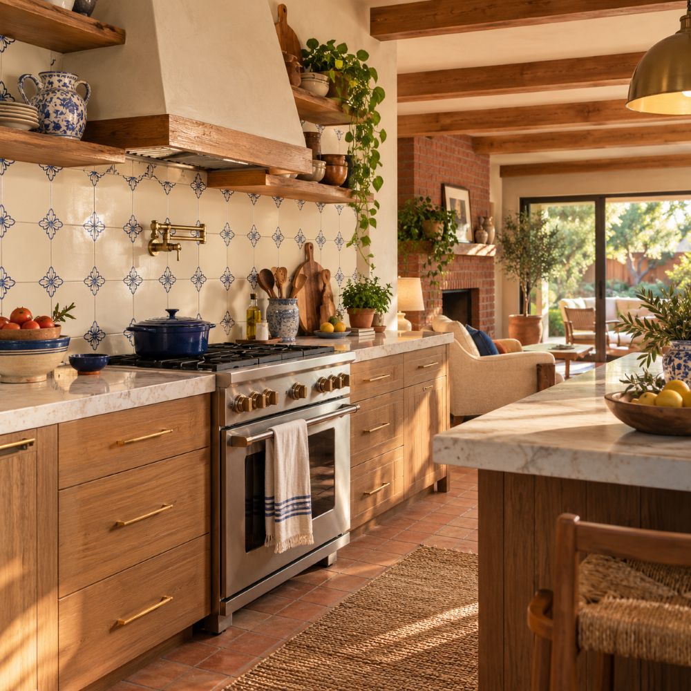 Blue and white hand painted backsplash in a 1950s ranch kitchen
