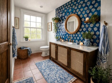 Bathroom featuring the SF handpainted tile blue glazed ceramic tile accent wall.