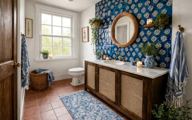 Bathroom featuring the SF handpainted tile blue glazed ceramic tile accent wall.