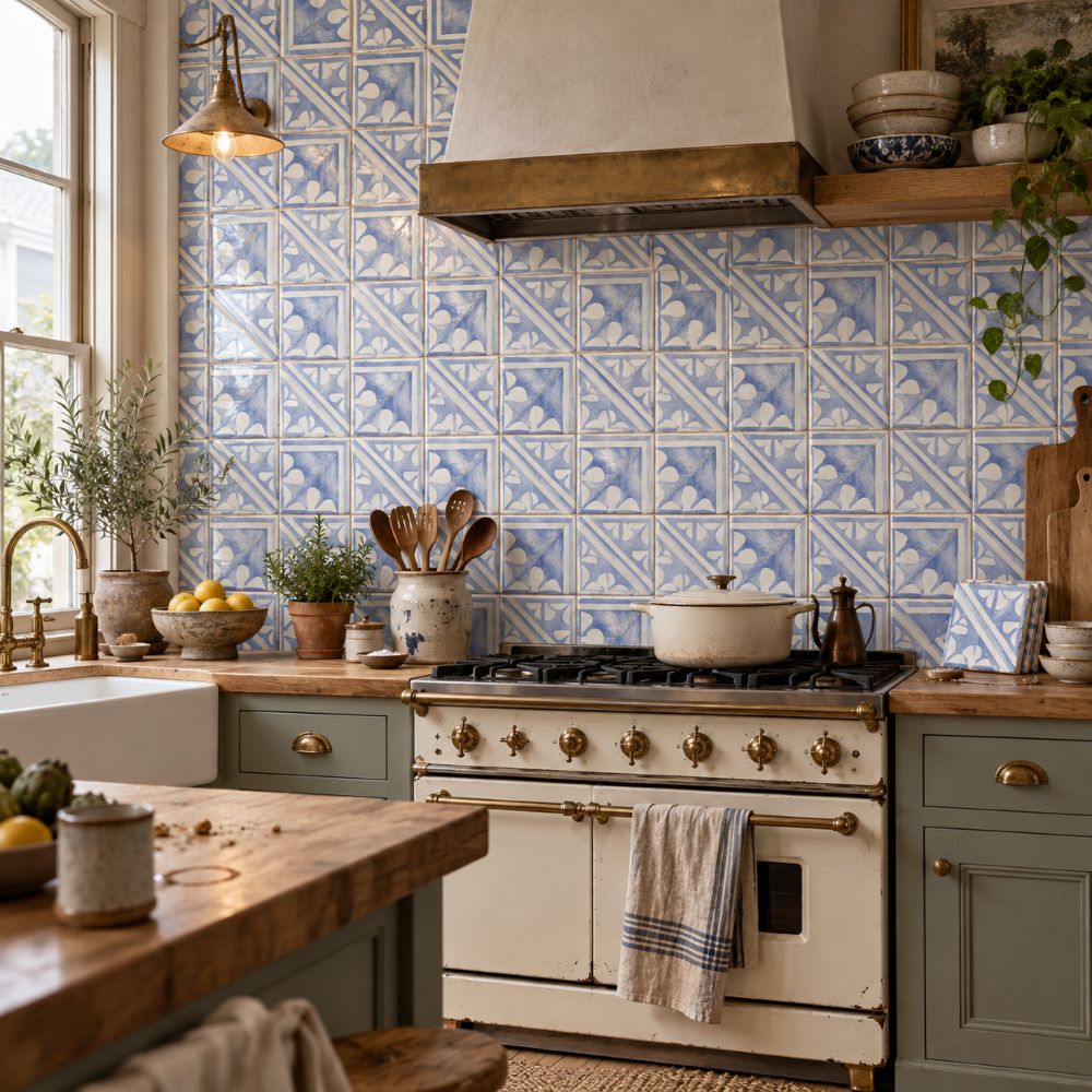 Hand painted blue and white glazed terracotta tile backsplash in a San Francisco.