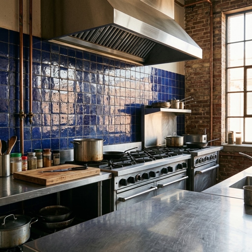 Blue glossy zellige tile backsplash in an industrial Los Angeles kitchen
