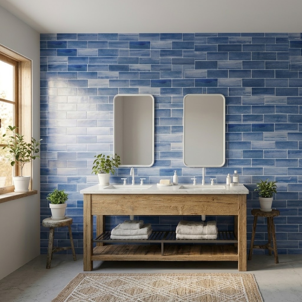 Hand painted blue matte ceramic subway tile in a anaheim bathroom.