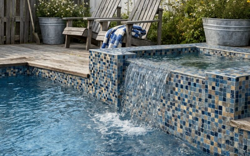 Blue polished glass mosaic pool tiles in a Pompano Beach backyard.