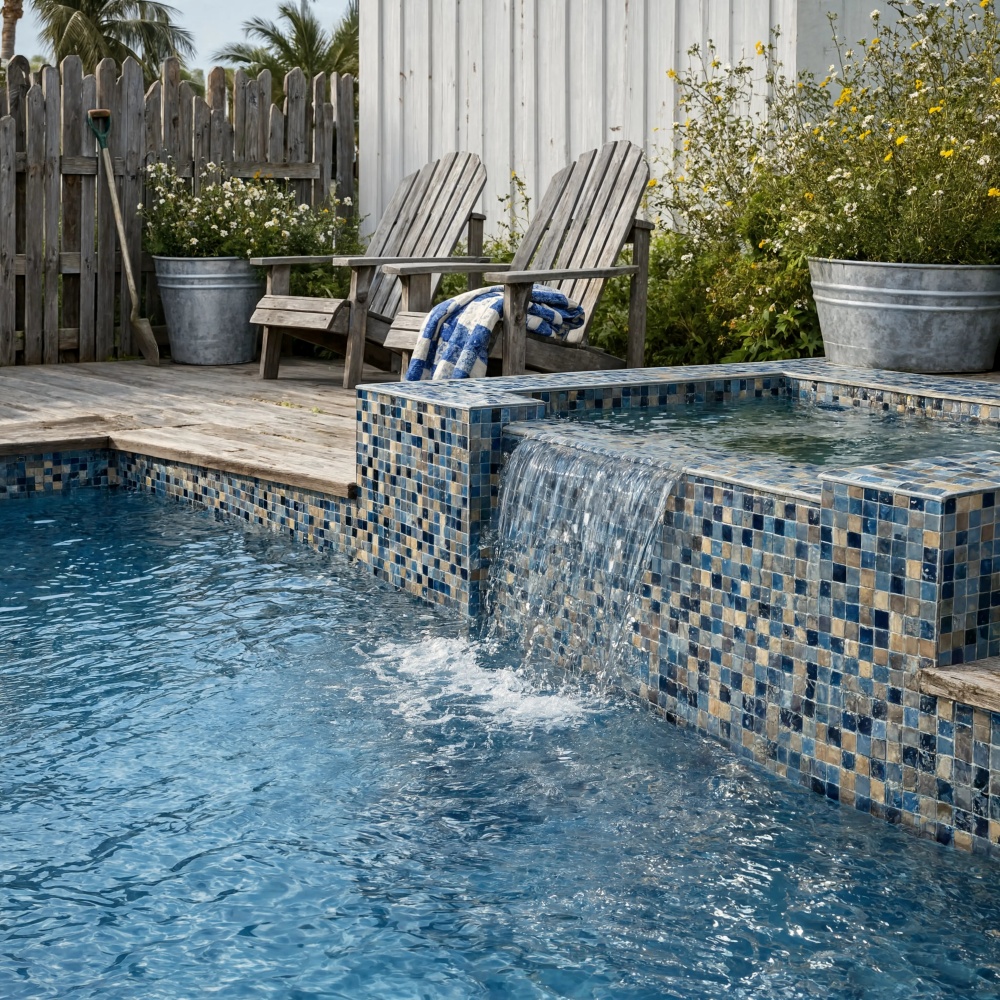 Blue polished glass mosaic pool tiles in a Pompano Beach backyard.