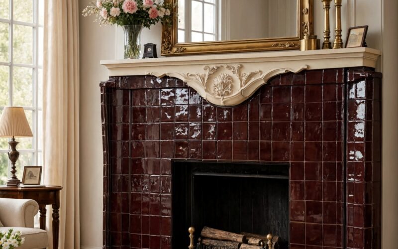 Brown glossy zellige tile fireplace surround in Los Angeles living room.
