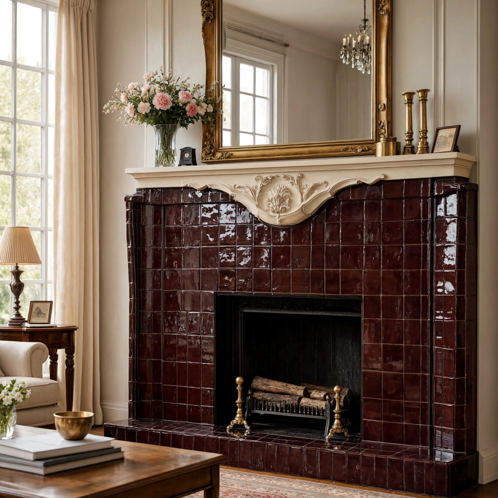 Brown glossy zellige tile fireplace surround in Los Angeles living room.