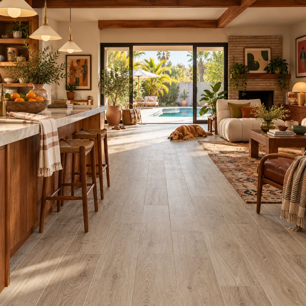 Wood look porcelain tile in Anaheim home.
