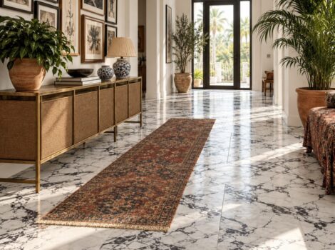 Condo entry foyer with Calacatta Picasso marble floor.